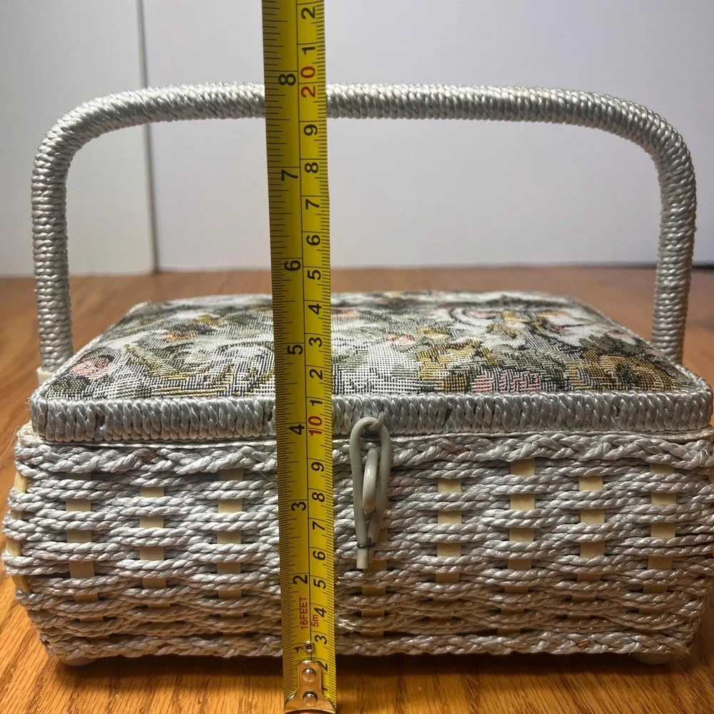 VTG Woven Sewing Basket Box Floral Tapestry Lid Taiwan cottage Box Needlework